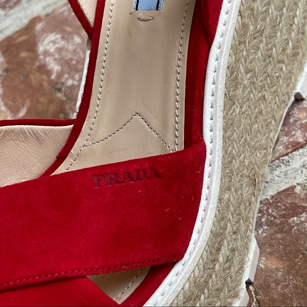 Prada Red Suede Espadrille Platform Sandals - Picture 7 of 11